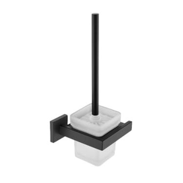 Imagem de Acessórios de banheiro preto fosco toalheiro suporte de papel suporte de escova de vaso sanitário prateleira de parede de vidro suporte de escova de dentes, suporte de papel (suporte de escova de vaso