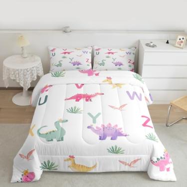Imagem de Feelyou Conjunto de edredom fofo de dinossauro, todas as estações, desenho animado, dinossauro, com 1 fronha, letra inicial, alfabeto, microfibra, roupa de cama de solteiro, de animais selvagens