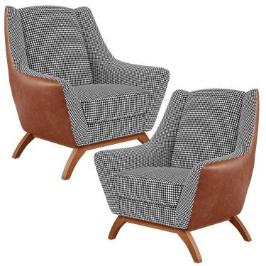 Imagem de Kit 2 Poltronas Decorativas Base Em Madeira Juliet D02 Courissímo Camel B-14 Pied Poule - Lyam Decor