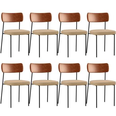 Imagem de Kit 08 Cadeiras Para Sala De Jantar Melina L02 Couríssimo Camel Linho Bege Escuro - Lyam Decor