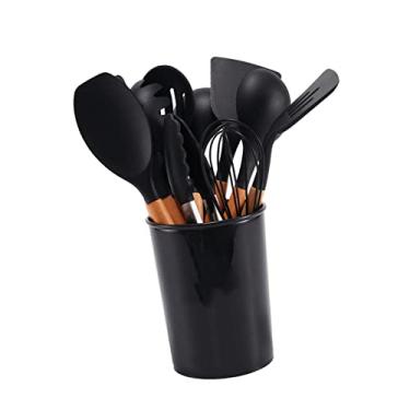 Imagem de Zhjvihx Conjunto de Utensílios de Cozinha, 11 Peças de Resistência Ao Calor Conjunto de Utensílios de Cozinha de Silicone Aperto Confortável Com Balde de Armazenamento para Acampar (Preto)