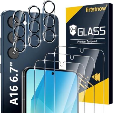 Imagem de firtstnow Pacote com 3 protetores de tela de vidro para Samsung Galaxy A16 5G [6,7 polegadas] + pacote com 3 protetores de lente de câmera, vidro temperado 9H, desbloqueio de impressões digitais, capa