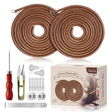 Imagem de Magicfour Cinto de máquina de costura de pedal para Singer/Jones, pacote com 2 cintos de couro de 180 cm 3/40.6 cm com gancho para máquina de costura de passo, acessórios incluídos