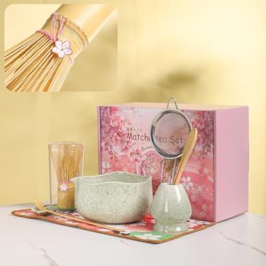 Imagem de DWEHIXBUY Conjunto de tigelas Matcha feitas à mão 8 peças - Xícaras de chá Chawan de cerâmica estilo japonês com arte floral e borda ondulada | Kit completo de cerimônia de chá Matcha em caixa de