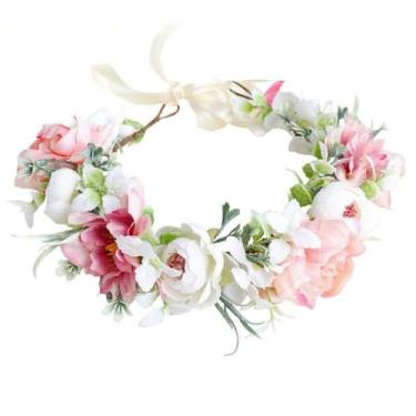 Imagem de YAZILIND Tiara de coroa de flores feita à mão – Guirlanda floral de peônia artificial e rosa com fita – acessório de cabelo para noiva, festival ou festa boho (rosa, branco e verde)