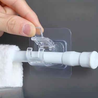 Imagem de 8 peças de suportes de varão de cortina sem broca, suportes autoadesivos para varão de cortina, ganchos de varão multiusos sem pregos para banheiro, cozinha, sala de estar, transparente