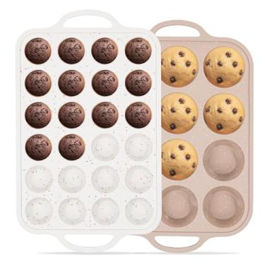 Imagem de Vinino 2 pacotes de formas de muffin de silicone para assar com moldura reforçada de metal, 12 xícaras regulares e 24 xícaras de mini formas antiaderentes, sem BPA, máquina de lavar louça, molde de