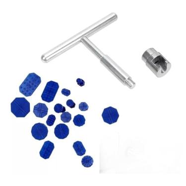 Imagem de Kit Mini Repuxadeira Extrator em T Reparo e Amassado com Êmbolo Martelinho de Ouro + 18 Ventosas
