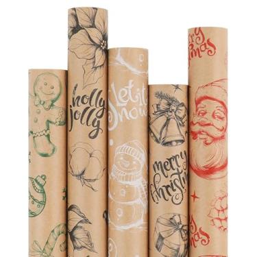 Imagem de WRAP STORM Conjunto de papel de embrulho de Natal – 5 rolos (43,2 cm x 304,8 cm) – Papel kraft vintage com Papai Noel, pão de gengibre, desenhos de árvore – Embrulho de presente de Natal