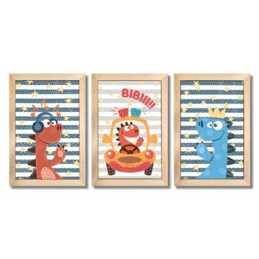 Imagem de Kit Quadros Infantil Dinossauro Kids 20x30 3 Peças Titulos Moldura Mel