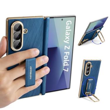 Imagem de NIFBANG Capa de couro aderente para Samsung Galaxy Z Fold 7 com alça de mão, capas de telefone com suporte de metal giratório de 360°, proteção de dobradiça antiarranhões à prova de choque para
