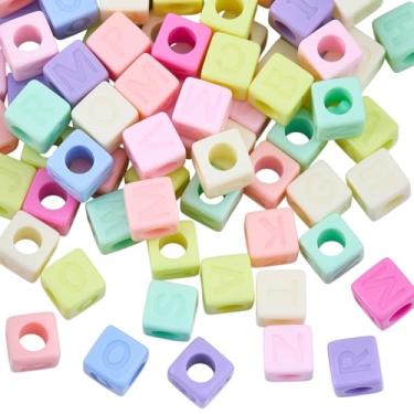 Imagem de SOFPLATE 100 peças de contas de alfabeto em cubo, contas de letras coloridas, aleatórias, sortidas, opacas, europeias, grandes orifícios, quadrados, espaçadores lisos e soltos para fazer joias