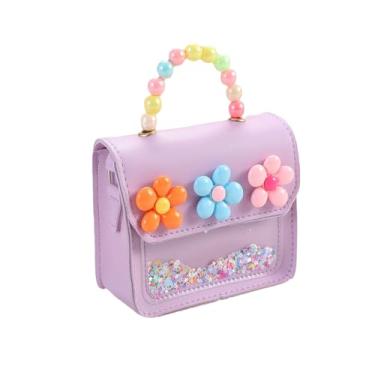 Imagem de Bolsa infantil para meninas com flores, bolsa tiracolo para meninas, presentes de aniversário para crianças de 3 a 8 anos (roxa)