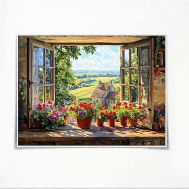 Imagem de Pintura rústica com vista de janela, paisagem de campo, moldura de madeira, vasos de terracota, flores vermelhas, arte de parede para sala de estar, quarto, decoração moderna, pôster em tela, 28 x 35