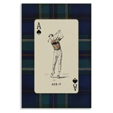 Imagem de XMJJQQ Arte de parede em tela de cartas de baralho de golfe, pôster retrô de golfe xadrez marinho, impressão de pôquer esportivo Ace It para pai avô, imagem masculina robusta de dinheiro antigo para