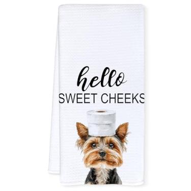 Imagem de Qnhij Toalhas de mão engraçadas de banheiro Yorkshire Terrier, decoração de banheiro Hello Sweet Cheeks, presentes para amantes de Yorkie, toalhas de mão decorativas para banheiro, banheiro, 40 x 61