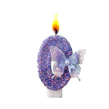 Imagem de Velas com números de aniversário, borboleta roxa para bolo, topo de bolo com número de glitter com lantejoulas para artigos de festa de casamento (número 0)
