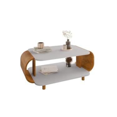 Imagem de Mesa de Centro Retangular Design Moderno com Nicho Inferior 90cm - Pés de Madeira Maciça (branco acinzentado/Natureza)