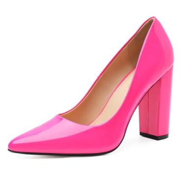 Imagem de HAOZHAOTOU Sapato feminino unissex de salto alto bico fino com salto grosso e salto grosso, sapatos confortáveis para festas, Patente rosa, 38/39 BR