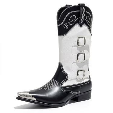 Imagem de Botas de cowboy masculinas ocidentais com tiras de fivela tripla, bico fino, botas de equitação de couro durável, Branco, 45