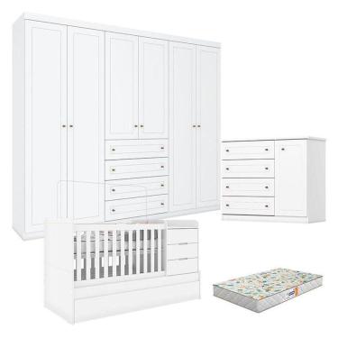 Imagem de Quarto Infantil 6 Portas Mississipi Com Berço Multifuncional Cleo Branco Fosco E Colchão Gazin - Henn