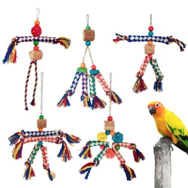 Imagem de Brinquedos para mastigar pássaros – 5 brinquedos para mastigar papagaios – Conjunto colorido de corda de algodão, atividade de trituração, alívio do tédio para calopsitas, cacatuas, araras