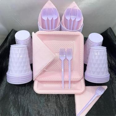 Imagem de Kit Festa Descartável 180 Itens Premium com Pratos Copos Talheres Cores Pastel para Aniversário (Lilás Rosa Candy)