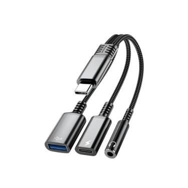 Imagem de Mizi Adaptador USB C 3 em 1 para conector de fone de ouvido e carregador, carregamento rápido PD de 60 W e hub USB A, compatível com iPhone 15/16/17 Pro/Max, Galaxy, iPad Pro, MacBook, Pixel - Preto