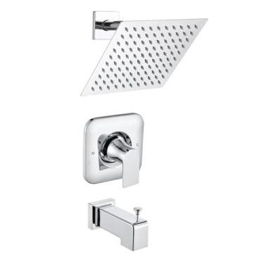 Imagem de Substituição para kit de acabamento de torneira de chuveiro Moen, chuveiro de chuva de alta pressão de 20,32 cm, cabo de chuveiro e bico de banheira (válvula e catridge não incluídos), cromado