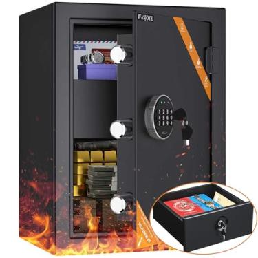 Imagem de WASJOYE Cofre de armário à prova de fogo, cofre de segurança doméstica com gaveta à prova de fogo, cofre de armário de dinheiro, fechadura com chave de segurança para escritório em casa, hotel, joias