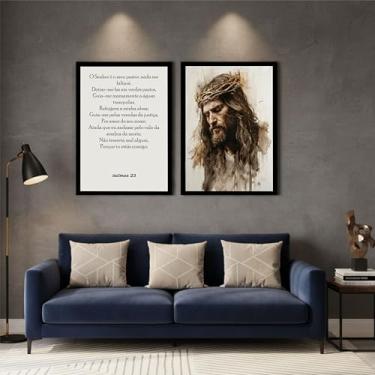 Imagem de Quadro Decorativo Duo Religioso Jesus Cristo Salmos 23 com Moldura, para Sala e Quarto (Moldura Preta, 60x40)