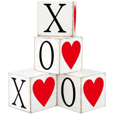 Imagem de 4 peças, placa de madeira para o dia dos namorados, placa dupla face, bloco de coração, bandeja em camadas, decoração rústica XOXO Love para mesa de centro de mesa para dia dos namorados, festa de