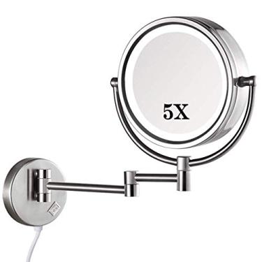 Imagem de Espelho de maquiagem montado na parede 5X, espelho de iluminação de rotação 360, para penteadeira de quarto ou penteadeira de banheiro