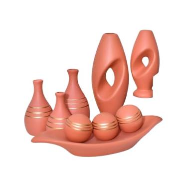 Imagem de Vaso Decorativo De CerâMica – Vaso Artesanal, Adequado Para Colocar No Centro Da Mesa De Jantar, Aparador, Alcova Ou Prateleira.(TERRACOTA RISCA 9PÇS)