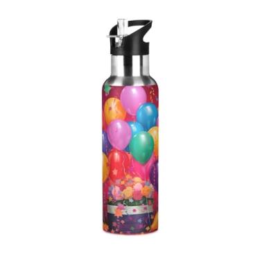 Imagem de Wassud Balões coloridos com presente garrafa de água esportiva de aço inoxidável com isolamento a vácuo de 600 ml com tampa de canudo à prova de vazamento, copo portátil para viagem de academia