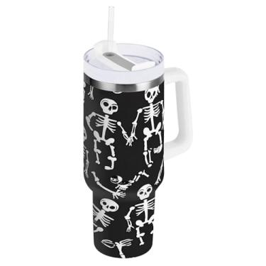 Imagem de STAYTOP Copo de caveira fofo de 850 g com tampa e canudo, à prova de vazamento, durável, copo isolado de aço inoxidável com alça, garrafas de água à prova de derramamento para viagens