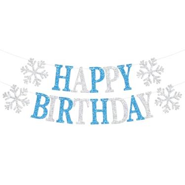 Imagem de Snowflake Happy Birthday Banner, Winter Wonderland Party Hanging Decorations, Frozen Winter Wonderland Christmas Snowflake Theme Baby Shower Birthday Party Decorations Supplies Silver and Blue Glitter