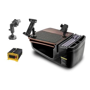 Imagem de AutoExec Mesa de carro GripMaster para sua estação de trabalho de veículo e escritório móvel, mogno, com inversor de potência de 400 watts, suporte para telefone, suporte para tablet e suporte de
