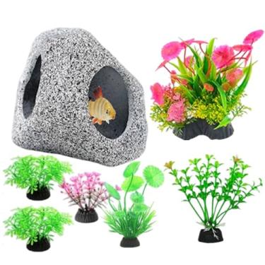Imagem de Decoração de aquário – Conjunto de caverna artificial de cerâmica, plantas para aquário de peixes – para animais de estimação aquáticos Betta Camarão Guppy água doce água salgada interior casa aquário
