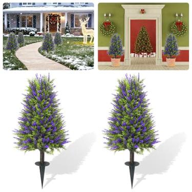 Imagem de TONAHUTU 81 cm Cedro artificial lavanda topiária com espigão no solo, conjunto de 2 arbustos artificiais, resistente a UV, planta falsa realista para decoração de casa ao ar livre, varanda, jardim