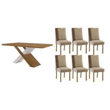 Imagem de Sala Jantar Mesa Imperatriz Tampo Curvo 180cm+6 Cadeiras Tilia Madeira Naturale/Off White - Capuccino/Suede Creme - Rufato