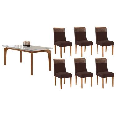 Imagem de Sala Jantar Mesa Londrina Tampo c/ Vidro Curvo 180cm+6 Cadeiras Jaspe Madeira Naturale/Off White - Capuccino/Suede Marrom - Rufato