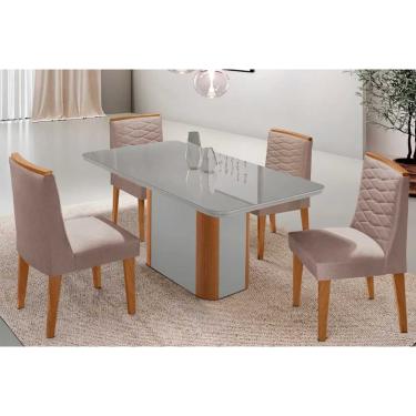 Imagem de Sala Jantar Mesa Pietá Tampo c/ Vidro Curvo 120cm+4 Cadeiras Maldivas Naturale/Off White - Linho Capuccino - Rufato