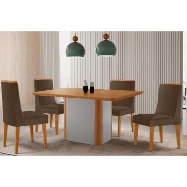 Imagem de Sala Jantar Mesa Pietá Tampo Curvo 120cm+4 Cadeiras Dakota Madeira Naturale/Off White - Capuccino/Suede Marrom - Rufato