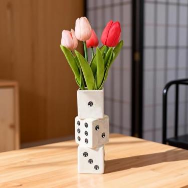 Imagem de Tnstbiee Vaso de dados de cerâmica moderno - Vaso decorativo pequeno e exclusivo para flores secas, rosas e grama dos pampas | Peça central ideal para sala de estar, mesa de centro - Vaso de haste