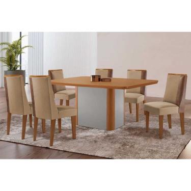 Imagem de Sala Jantar Mesa Pietá Tampo Curvo 180cm+6 Cadeiras Tilia Madeira Naturale/Off White - Capuccino/Linho Bege - Rufato