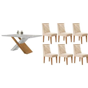 Imagem de Sala Jantar Mesa Imperatriz Tampo c/ Vidro Curvo 180cm+6 Cadeiras Pietá Madeira Naturale/Off White - Capuccino/Suede Creme - Rufato