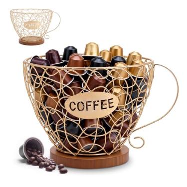 Imagem de Suporte de cápsulas de café, cesta de cápsula de grande capacidade com base e alça de madeira rústica, organizador de café de metal para cozinha, bancada, sala de jantar, escritório, casa, café, hotel