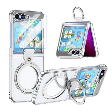 Imagem de Z Flip 6/5 Capa transparente com protetor de tela com suporte Ring 360 Proteção de dobradiça para Samsung Flip 6 Capa protetora para Galaxy Z Flip 5 5G (2023) - Prata