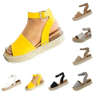 Imagem de DevilAngel Sandália feminina Topic Open Toe fivela tira no tornozelo alpargatas flatform sintético verão casual sandálias cunhas, Amarelo, 34
